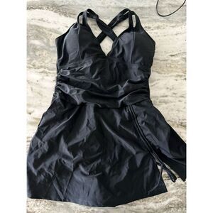 BMJL Women's Swimdress Size M Black V-Neck Wrap Front Adjustable Straps Ruched